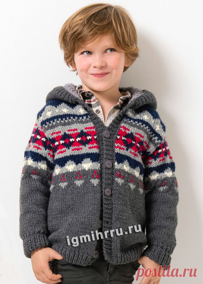 ДЛЯ МАЛЬЧИКА 6-16 ЛЕТ. ЖАКЕТ С ЖАККАРДОВЫМИ УЗОРАМИ. Вязание спицами для детей