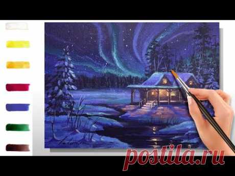 Зимний коттедж. Ночь. Как нарисовать пейзаж🎨АКРИЛ! Сезон 10-15 | Мастер-класс ДЕМО