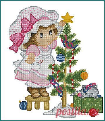 Схема вышивки "Девочка в чепце и елка"