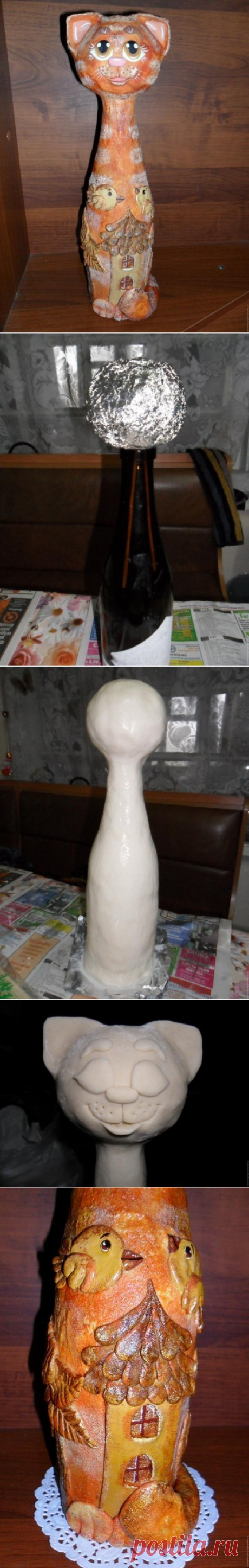 Лепим из соленого теста: кошка на бутылке