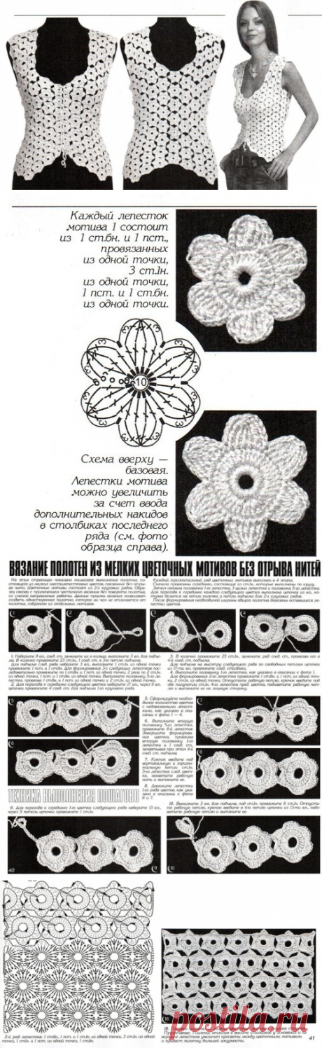 Вязание полотен из мелких цветочных мотивов без отрыва нити