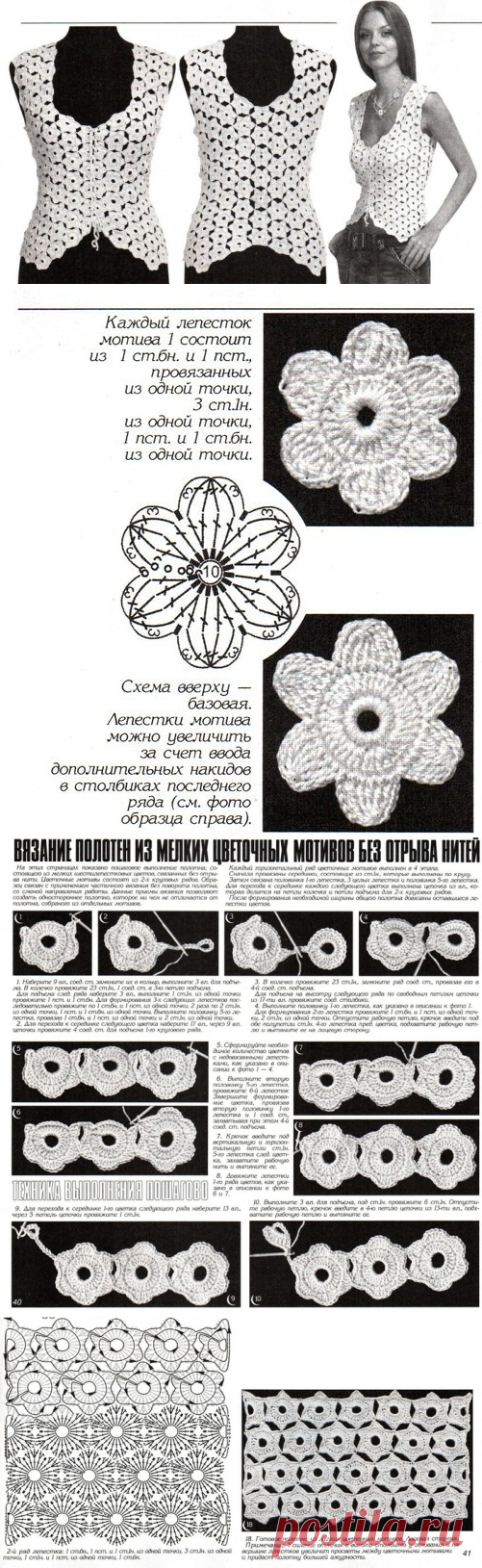 Вязание полотен из мелких цветочных мотивов без отрыва нити