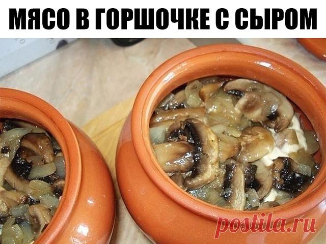 МЯСО В ГОРШОЧКЕ С СЫРОМ. 

ИНГРЕДИЕНТЫ:
Свинина — 400 г
Лук — 2 луковицы
Сыр — 100 г
Грибы (шампиньоны) — примерно 15-16 средних штучек
Картофель — 3-4 средних клубня
Сливочное масло — 50 г
Подсолнечное масло
Майонез
Соль по вкусу

ПРИГОТОВЛЕНИЕ:
1. Свинину порежьте на кусочки среднего размера.
Обжаривайте кусочки свинины на растительном масле на сильном огне 5-6 минут, и еще 10 минут на медленном огне.
2. Лук порежьте на средние кусочки.
Грибы нарежьте вдоль на кусочки. Т...