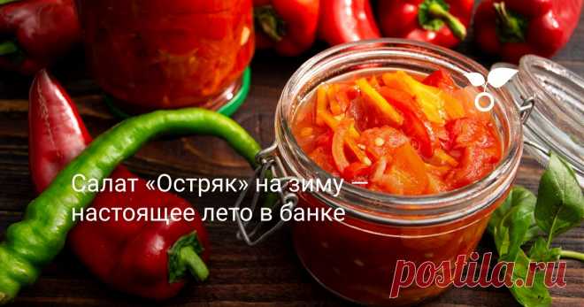 Салат «Остряк» на зиму — настоящее лето в банке Салат «Остряк» на зиму из сладкого перца, помидоров, лука и моркови, приправленный острым чили и чесноком — лето в банке! Этот салат готовим без масла. Приправить его нерафинированным растительным или оливковым маслом холодного отжима всегда можно перед подачей.