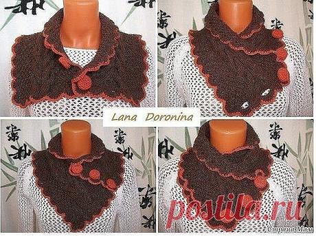 Шарф-шеегрейка.Описание
Как видите, сам шарфик простой. А вся фишка в 4 варианта застежки - можно потеплее застегнуться, а можно просто, как воротничок одеть.

Схемы готовой нет. Есть описание:
Набор 35п + 2кромочные. Распределить петли так: 9п. узор "рис" (1л,1 изн - 2 ряда, потом наоборот 1 изн, 1 лиц - 2ряда), 17 п "Коса", 9п. "рис".
Коса состоит из 17п. (8 лиц, 1 изн, 8 лиц). Ну и эти 8 лиц перекрещиваются по 4 п то налево, то направо каждые 8 рядов.
Длина шарфа получи...