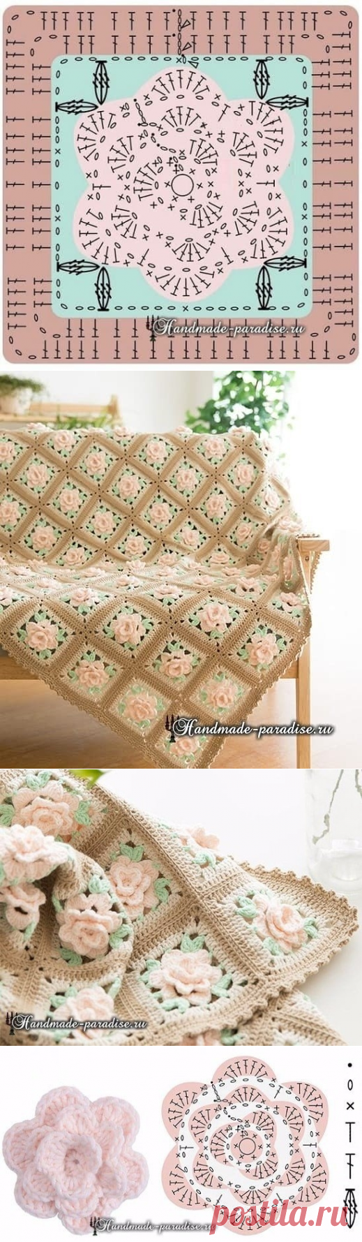 Мотив с розами. Вяжем плед крючком.