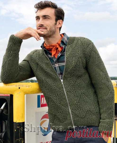 Мужской жакет с рельефным узором на молнии 
http://www.shpulya.com/kniting/men/vyazanye-zhakety/m..
