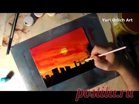 Как нарисовать закат. Пейзаж акрилом