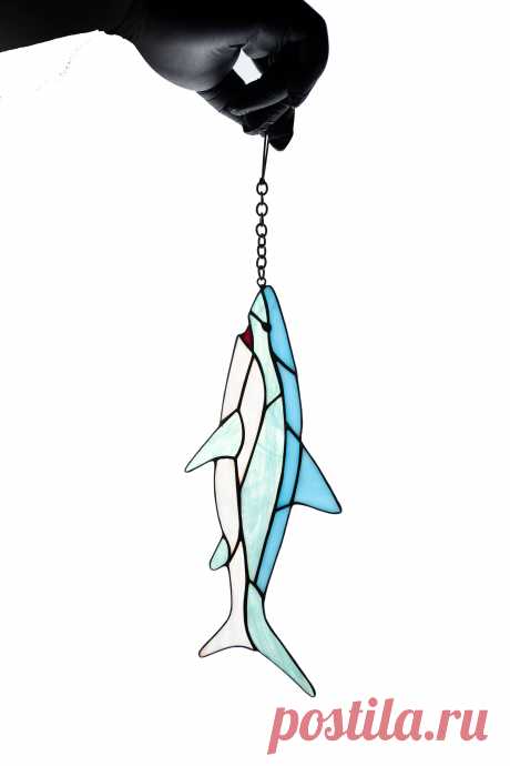 Suncatcher Stained glass window hanging Garden decor Shark window hang Window hanging suncatcher made of stained glass pieces by my own disign.Handmade using Tiffany copper foil technique.Looks amazing in the lights of a sun.You will get it completely ready for installation. It comes with a suction cup hanging and copper chain.I can change the colors you like to your custom request.It wil