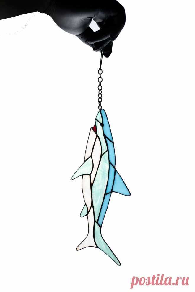 Suncatcher Stained glass window hanging Garden decor Shark window hang Window hanging suncatcher made of stained glass pieces by my own disign.Handmade using Tiffany copper foil technique.Looks amazing in the lights of a sun.You will get it completely ready for installation. It comes with a suction cup hanging and copper chain.I can change the colors you like to your custom request.It wil
