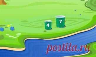 Головоломка: набери 6 литров воды --- У вас есть 2 ведра - на 4 и 7 литров. Задача: набрать 6 литров.
Для этого вам доступны 3 действия: 
1. Налить воду в ведро - поместите его в реку.
2. Перелить из ведра в ведро - поместите одно над другим.
3. Опустошить ведро - перенесите ведро на поляну с васильками