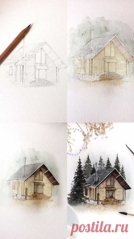 Рисуем домик среди елок — Сделай сам, идеи для творчества - DIY Ideas