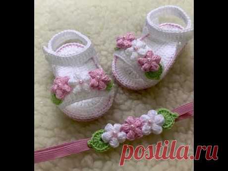 Sandália de crochê com flores "Puffy" 0-3 meses 9 cm