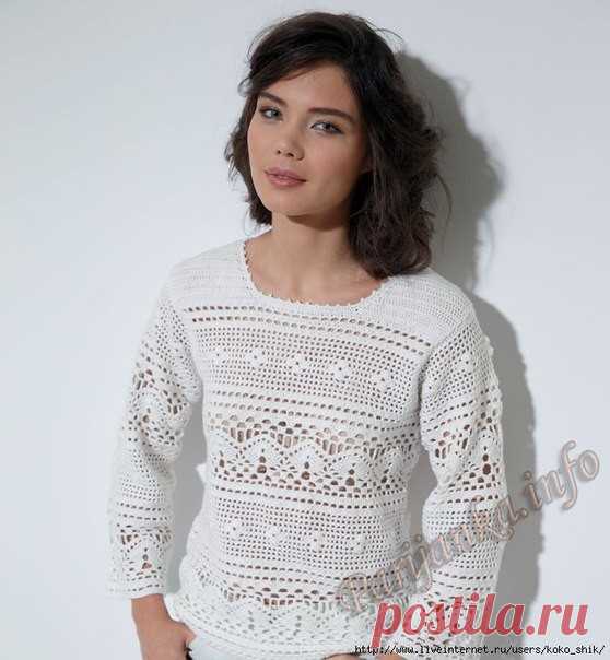 Белый джемпер крючком
Пуловер крючком (ж) 03*589 Phildar

Размеры a) 34/36 - b) 38 - 44 - c) 46 - 52

Нитки DЕTENTE (50 г. / 144 м.) цвет BLANC 8 - 9 - 11 мотков

Состав модели: 93 % Акрил - 7 % Elasthanne

Крючок № 3

Перевод сделан Жека1978