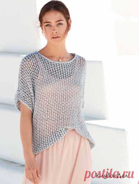 Джемпер-оверсайз сетчатым узором, с цельновязанными рукавами. Спицами. / klubokdel.ru