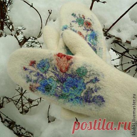 Валяные варежки &quot;Зимний букет&quot;. - белый,цветочный,варежки,варежки ручной работы