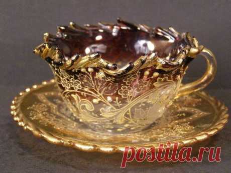 Antique Cranberry RARE Purple Moser Glass Enamel Tea Cup Demi Demitasse Bohemian