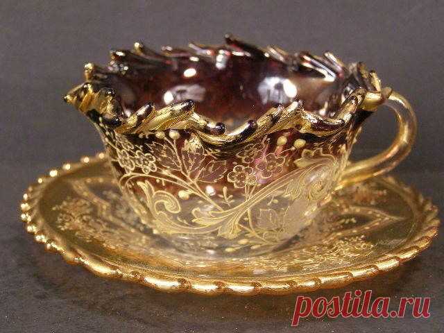 Antique Cranberry RARE Purple Moser Glass Enamel Tea Cup Demi Demitasse Bohemian