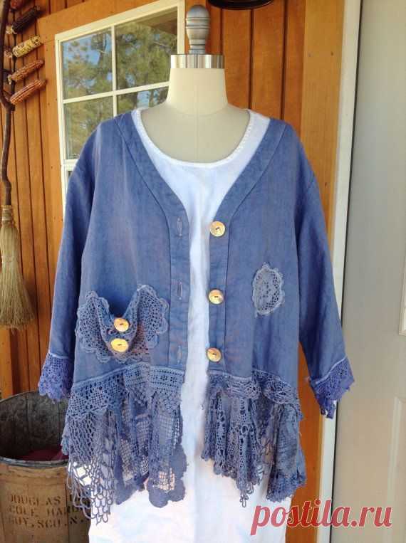 Luv Lucy Linen and lace jacket in Ocean Blue ** plus size fits large thru 2x
