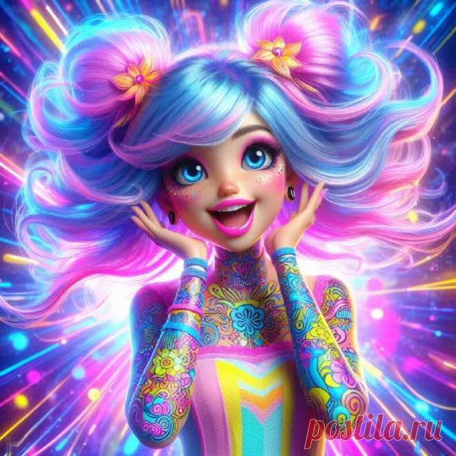 Яркая красотка с ультрафиолетовыми татуировками и игривым макияжем в динамичном мире цвета. Генерация из нейронной сети Dalle-3 - Dalle примеры промтов - Форум ИИ о нейросетях - Yes Ai