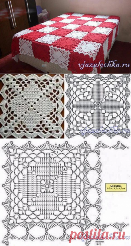 Плед квадратными мотивами крючком