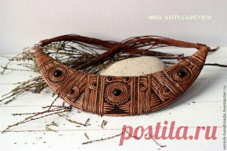 Купить Колье из полимерной глины Этно - коричневый, этно, этнический, лесной, плетение, филигрань
