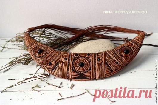 Купить Колье из полимерной глины Этно - коричневый, этно, этнический, лесной, плетение, филигрань