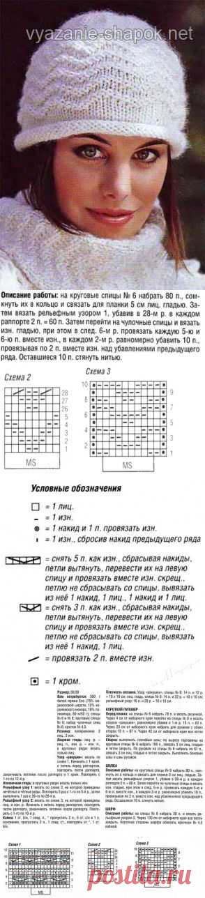 Женская шапка спицами с диагональным узором, схема | ВЯЗАНИЕ ШАПОК: женские шапки спицами и крючком, мужские и детские шапки, вязаные сумки