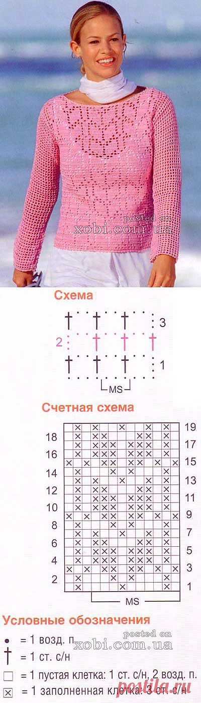 розовый пуловер вязаный филейным узором