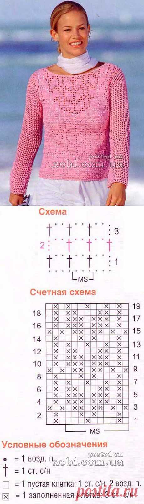 розовый пуловер вязаный филейным узором