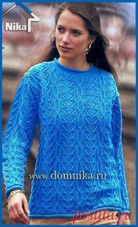Узорчатый пуловер из пряжи василькового цвета
#вязание #рукоделие #спицы 

Размеры: 36/38 (42/44)

Для вязания узорчатого женского свитера вам потребуется: 560 (650) г пряжи василькового цвета (50% хлопка, 50% полиакрила, 140м/50 г), прямые спицы № 3 и 3,5; круговые спицы № 3.

Лицевая гладь, спицы № 3. Прямые и обратные ряды: лицевые ряды - лицевые петли, изнаночные ряды - изнаночные петли, в круговом вязании все петли вязать лицевыми.

Основной узор, спицы № 3,5: число п...