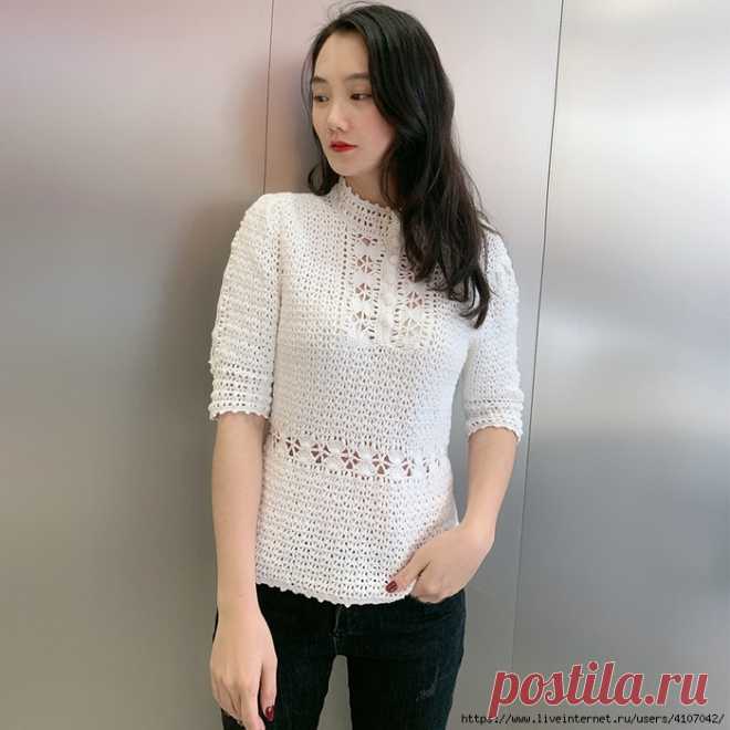 БЕЛЫЙ ДЖЕМПЕР С АЖУРНЫМИ ВСТАВКАМИ. КРЮЧОК