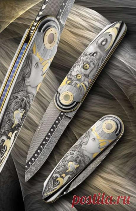 Нож складной. Гравировка булино. Дамасская сталь. Всечка золотом.