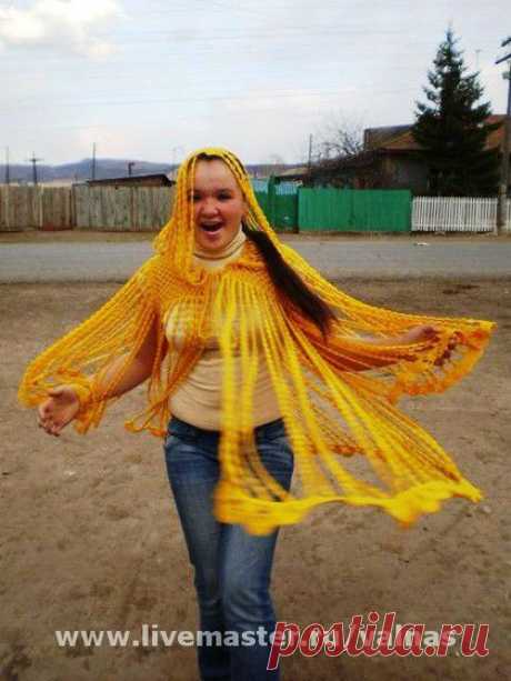 Жёлтый дождь. Авторская работа. - вязаное пончо,крючок,хлопковая пряжа