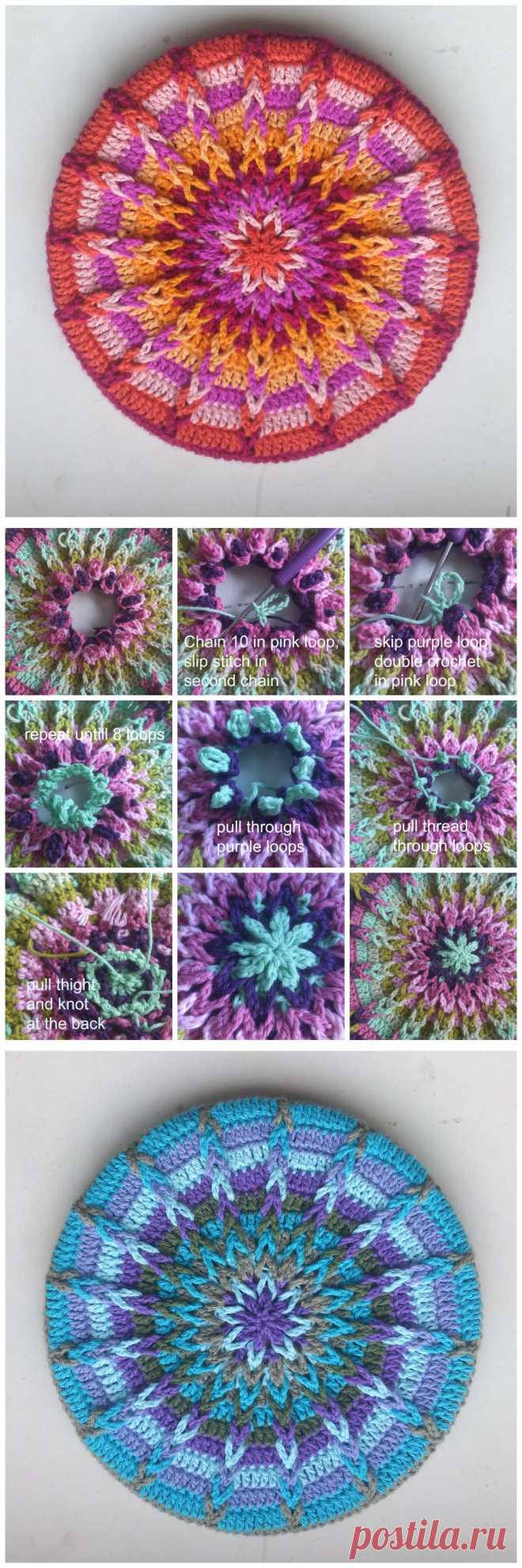 Яркие подставки под горячее, связанные радиальными косичками — Рукоделие