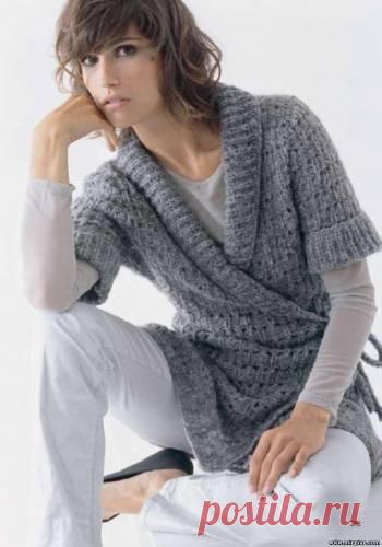 Элегантный вязаный жакет с запахом. Жакет с запахом спицами фото |
