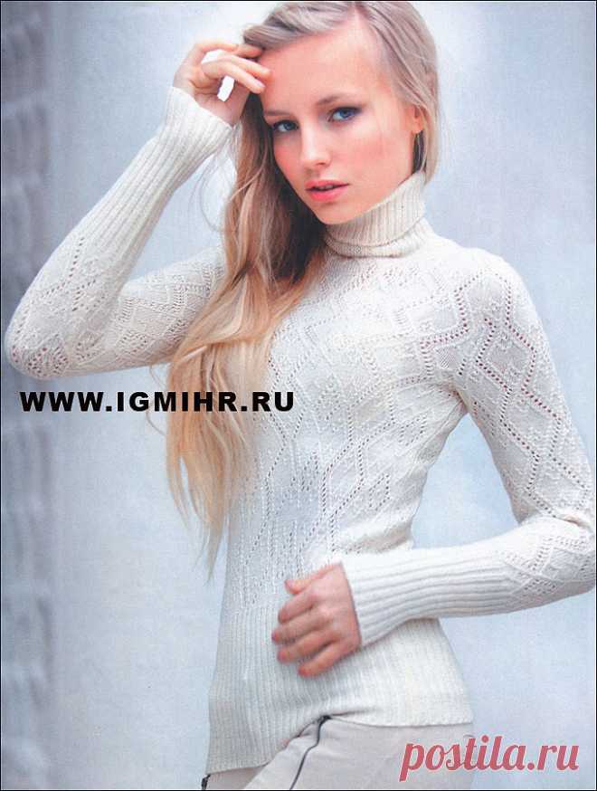 Белая водолазка с ромбами, из мериносовой шерсти. Спицы