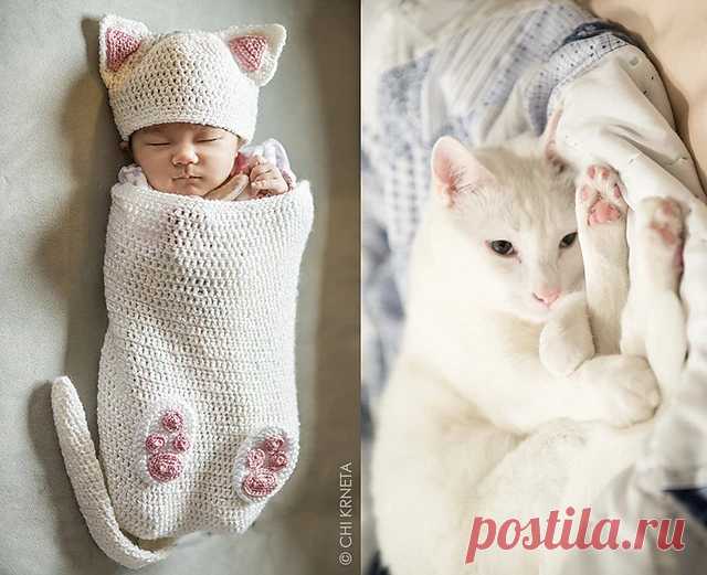 Ravelry: Cat Baby Cocoon Hat & Bootie Set pattern by Chi Krneta