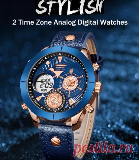 Boamigo f940 dual time zones analog digital watch leather band led light men wrist watch Sale - Banggood.com