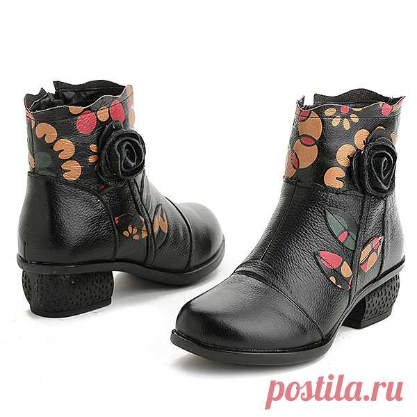 Designer SOCOFY Retro Splicing Handmade Flower Pattern Ankle Leather Boots - NewChic
