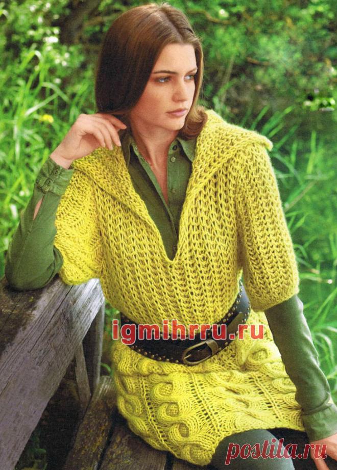 Удлиненный пуловер с косами и патентной резинкой. Вязание спицами