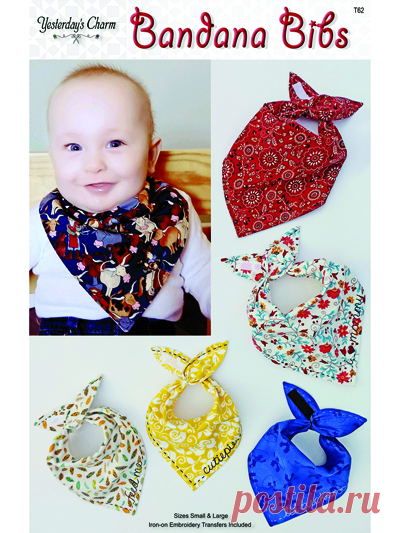 Bandana Bib Pattern Bandana Bibs come in small and large sizes with embroidered words along the edges. Bib closes in the back with Velcro for easy on and off. Pattern includes iron on transfer with various phrases in picture as well as I love grandma, grandpa and daddy.