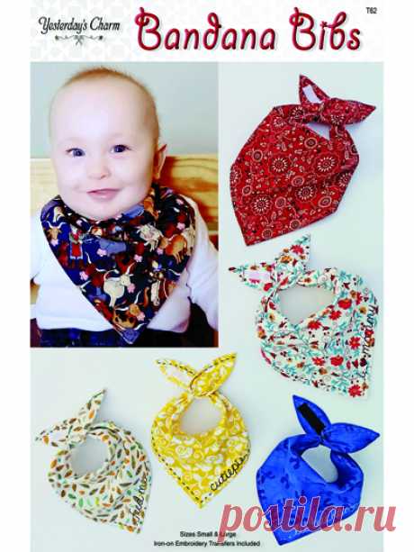 Bandana Bib Pattern Bandana Bibs come in small and large sizes with embroidered words along the edges. Bib closes in the back with Velcro for easy on and off. Pattern includes iron on transfer with various phrases in picture as well as I love grandma, grandpa and daddy.