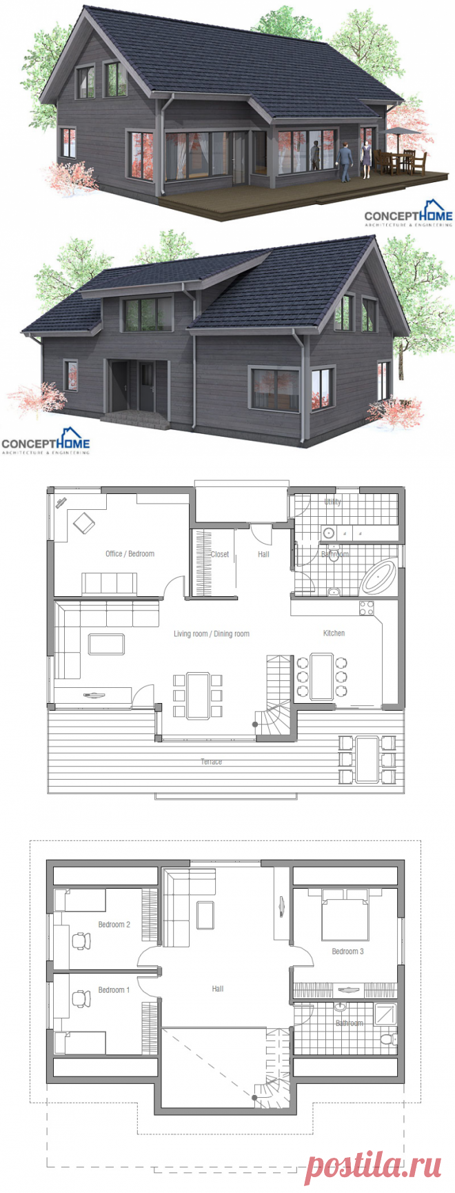 Affordable Home CH91 floor plans and outside images. House Plan