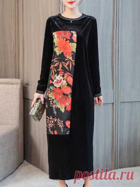 Hot saleЦветочный принт пэчворк Бархат с длинным рукавом Винтаж Платье Cheap - NewChic