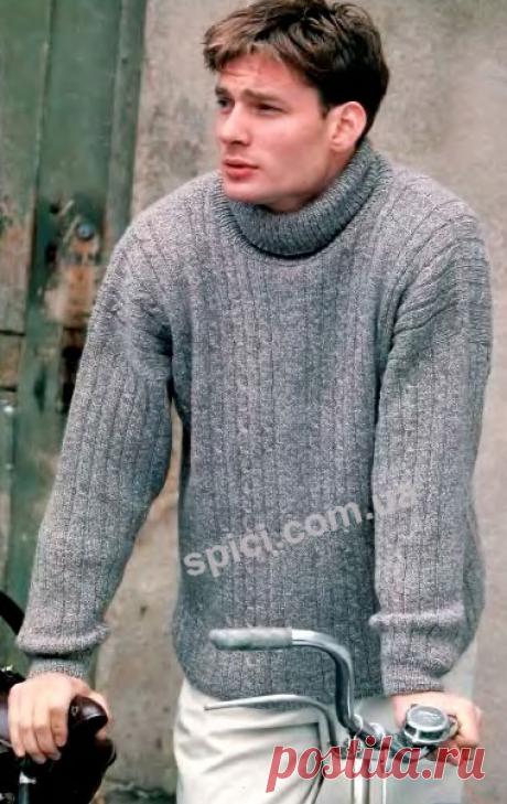 Серый свитер с высоким воротником, вязание спицами для мужчин | Вязание на спицах