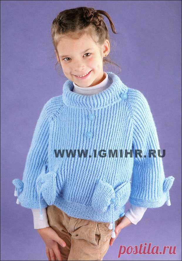 Голубой пуловер-реглан с бантиками для девочки 5-6 лет