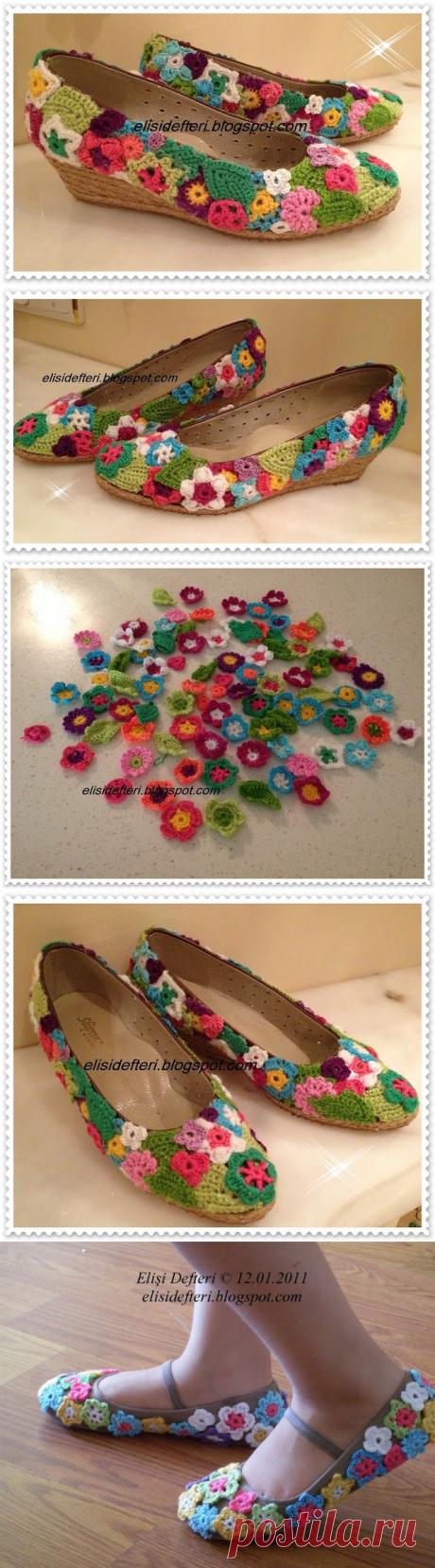 Украшаем обувь вязаными цветами.