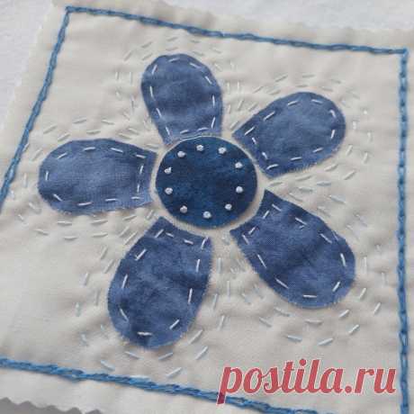 I listed my &quot;pre cut&quot; raw edge applique slow stitch kits this week. Slide to see more pics of this design and stitching options. There are 12 pre cut designs: flowers and quilt blocks and all in 2 shades of blue with 24 - 6 1/2 inch squares of a beautiful cream fabric for the front and back including 12 precut 6 1/2 inch squares of cotton batting for in between the layers. Perfect for all ages. You stitch as much as you would like. Practice embroidery stitches. Teach a chi...