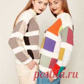 Свитер с большими квадратами Оригинальная модель женского свитера, связанного на спицах 6 мм в технике интарсия. Для вязания всех деталей пуловера в описании даны...